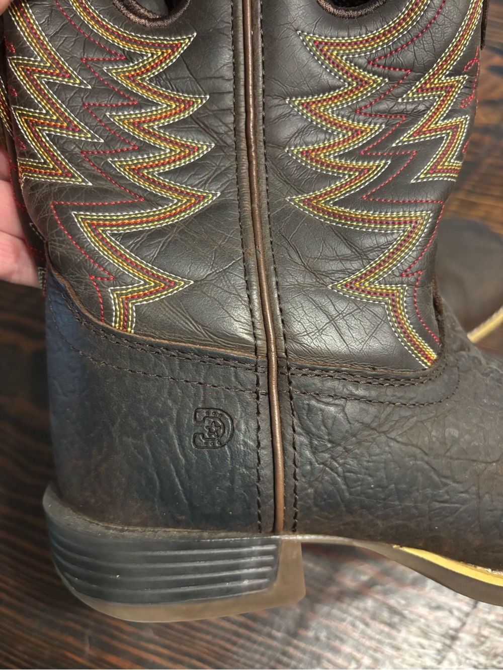 Big Boy Durango Brown Leather Western Cowboy Boots - Multicolor Stitch Detail - Picture 9 of 10